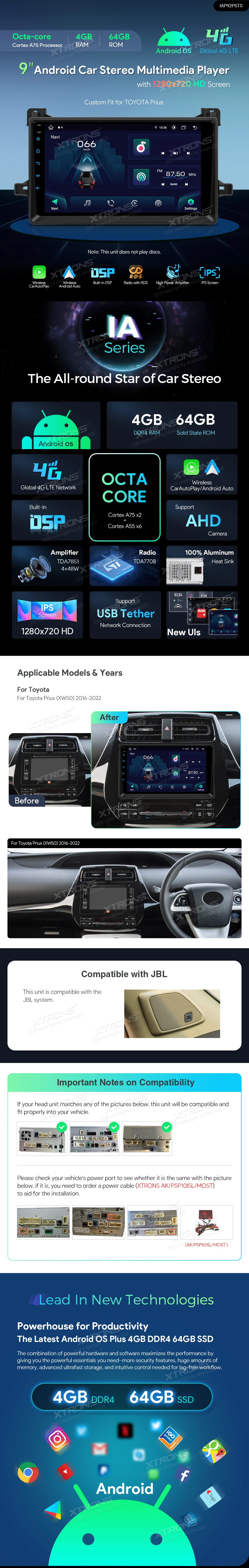 Toyota Prius 9 inch Android 13 Head Unit with Wireless CarPlay, Android Auto and 4G | IAP92PSTS: XTRONS specification poster 1 of 6