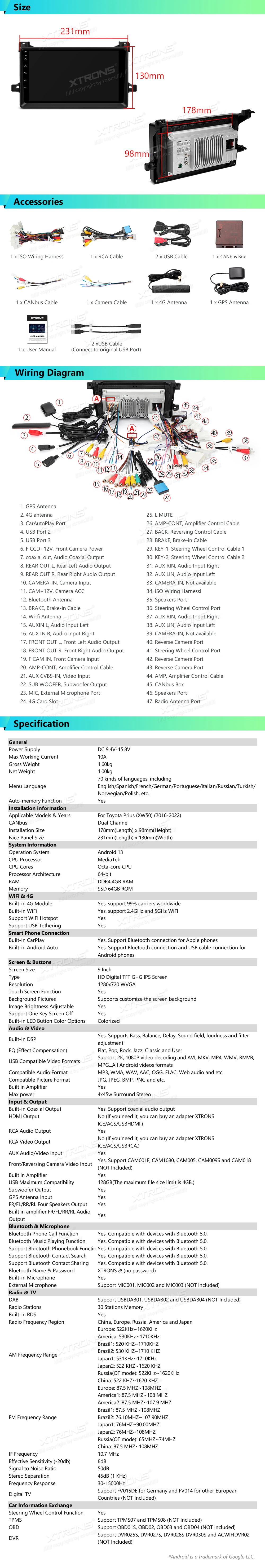 Toyota Prius 9 inch Android 13 Head Unit with Wireless CarPlay, Android Auto and 4G | IAP92PSTS: XTRONS specification poster 6 of 6