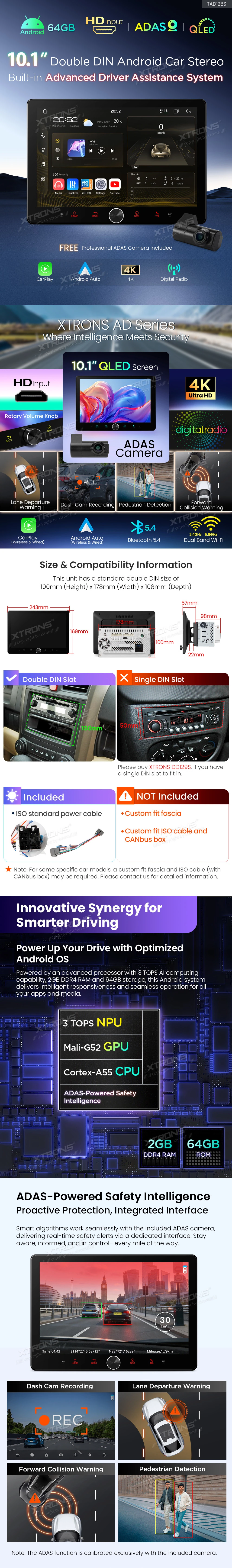 Universal Double DIN 10.1 inch Android 14 Car Stereo with CarPlay, Android Auto and ADAS Camera | TAD128S: XTRONS specification poster 1 of 6