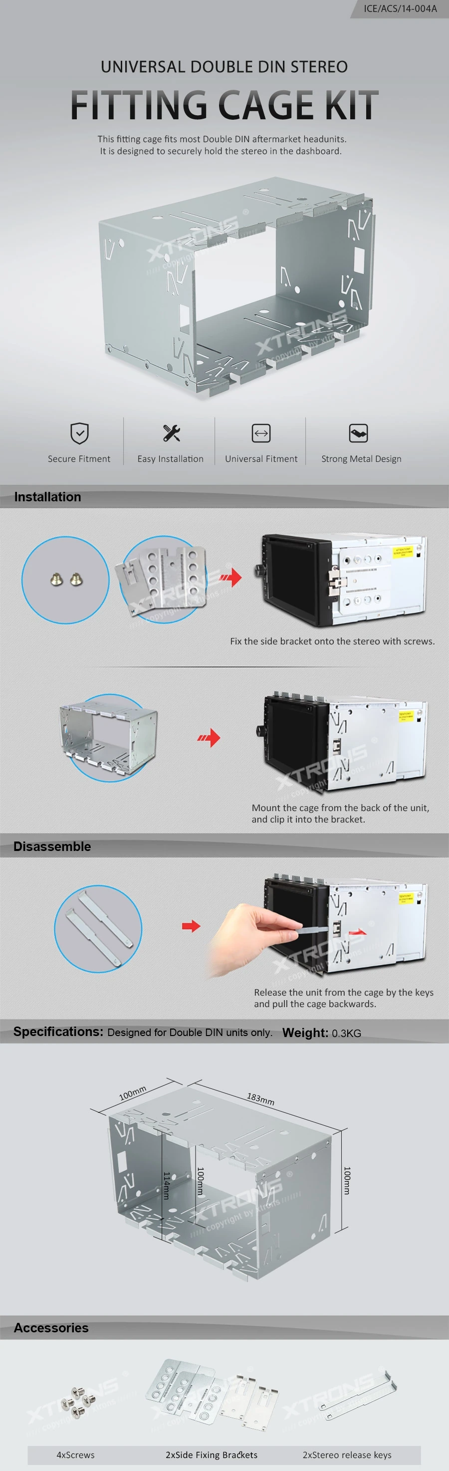 Universal Double DIN Stereo Fitting Cage Kit 183x101mm | ICE/ACS/14-004A: XTRONS specification poster 1 of 1