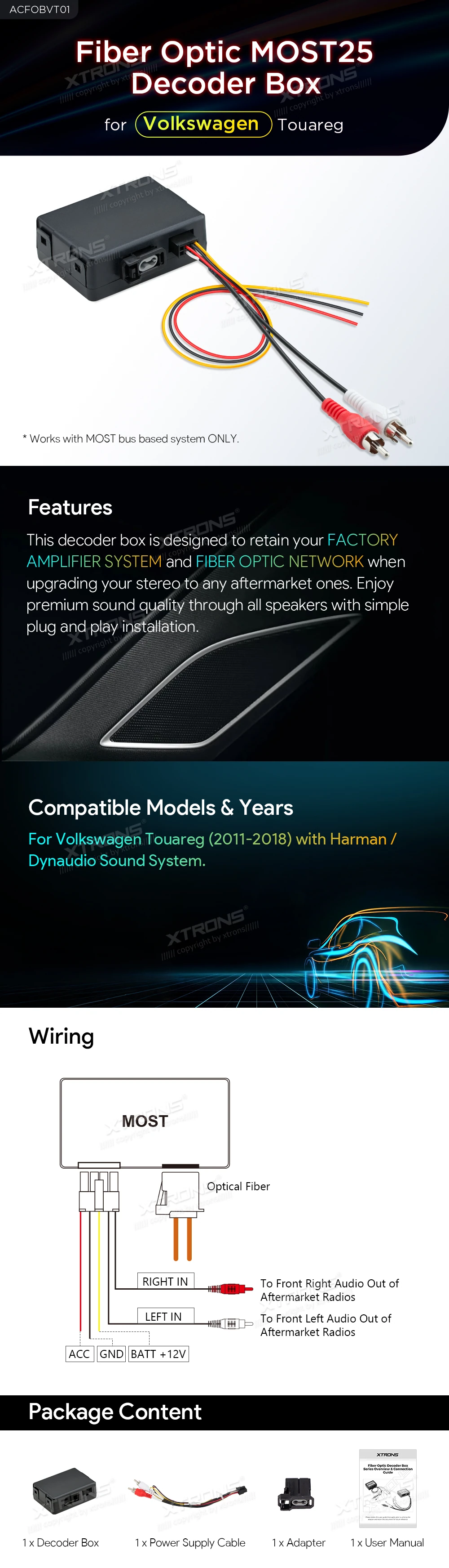 VW Touareg Fibre Optic MOST25 Decoder Box for Harman and Dynaudio Systems | ACFOBVT01: XTRONS specification poster 1 of 1